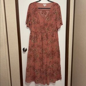 Luxology Floral Midi Dress 1X Mauve Boho Tiered  Tie Neck Cottagecore Fairycore